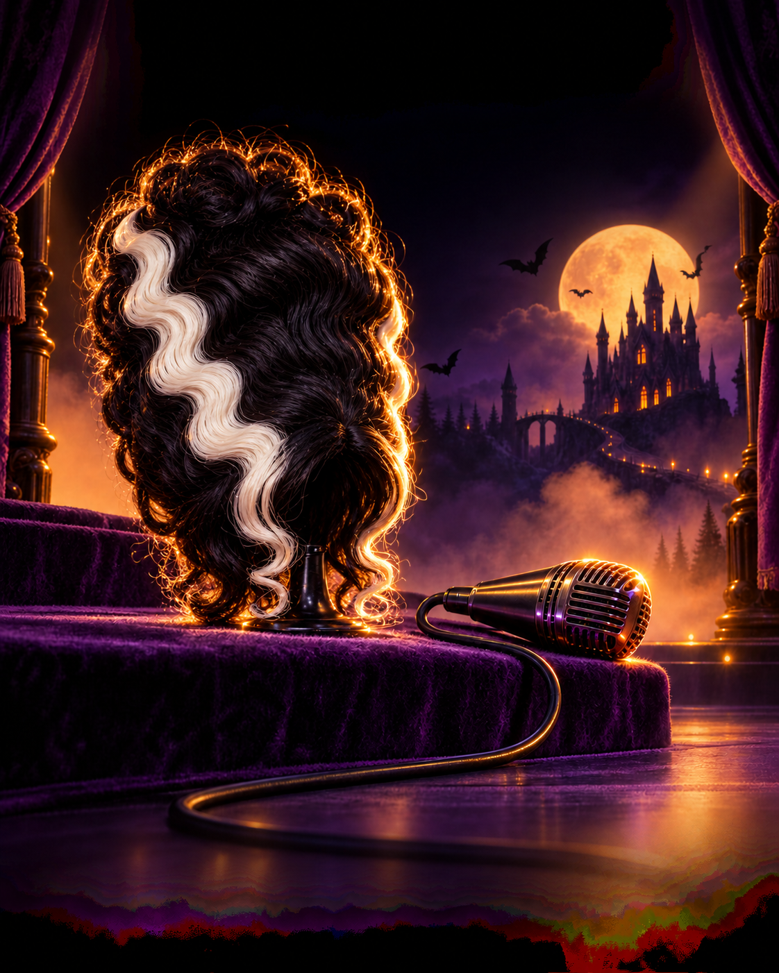 Cinderbella’s tall black-and-white wig and a microphone on a purple velvet stage, with a glowing moon and castle beyond